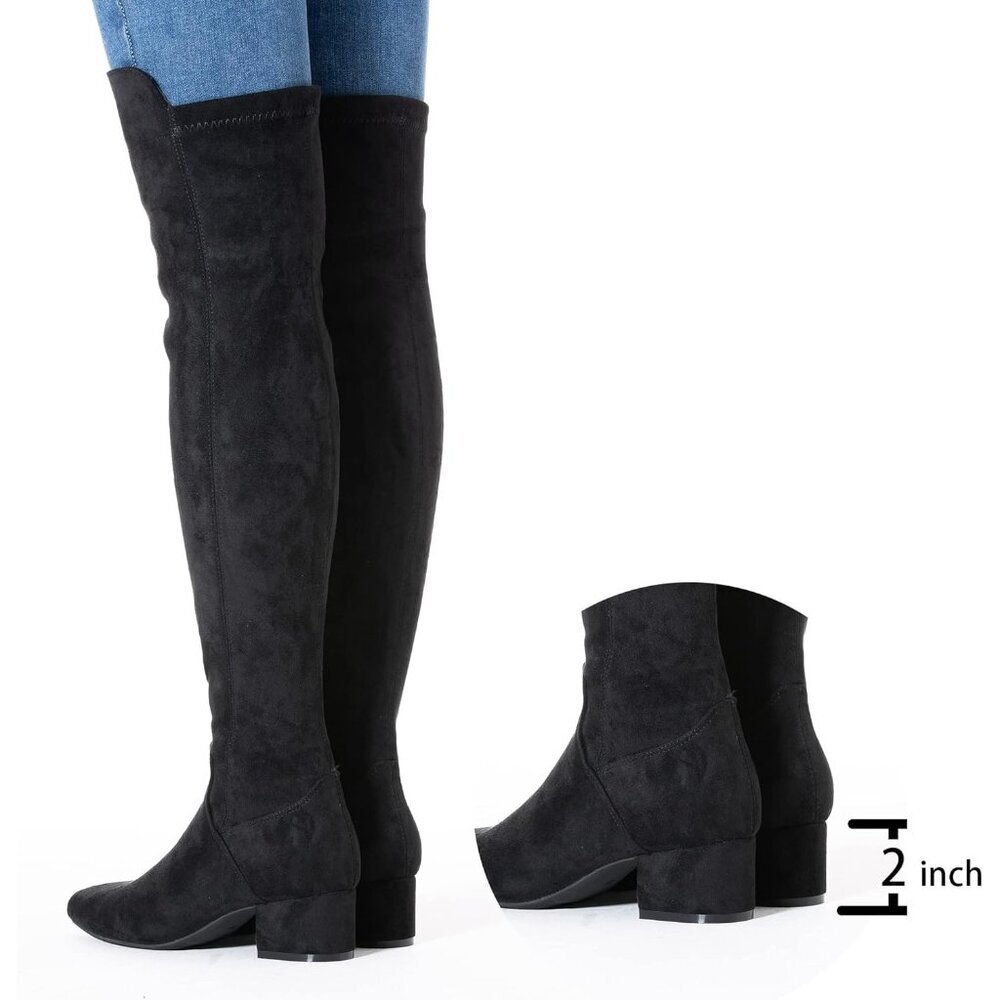 Women's Black High Thigh Low Block Heel Stylish Boots - Picture 6 of 6
